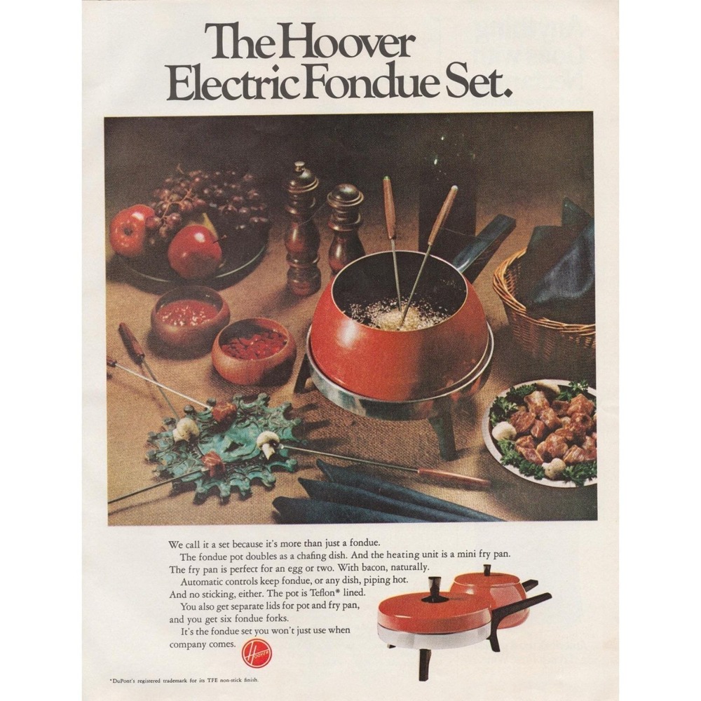 Hoover Electric Fondue Set Retro Kitchen Entertaining Vintage Print Ad 1970